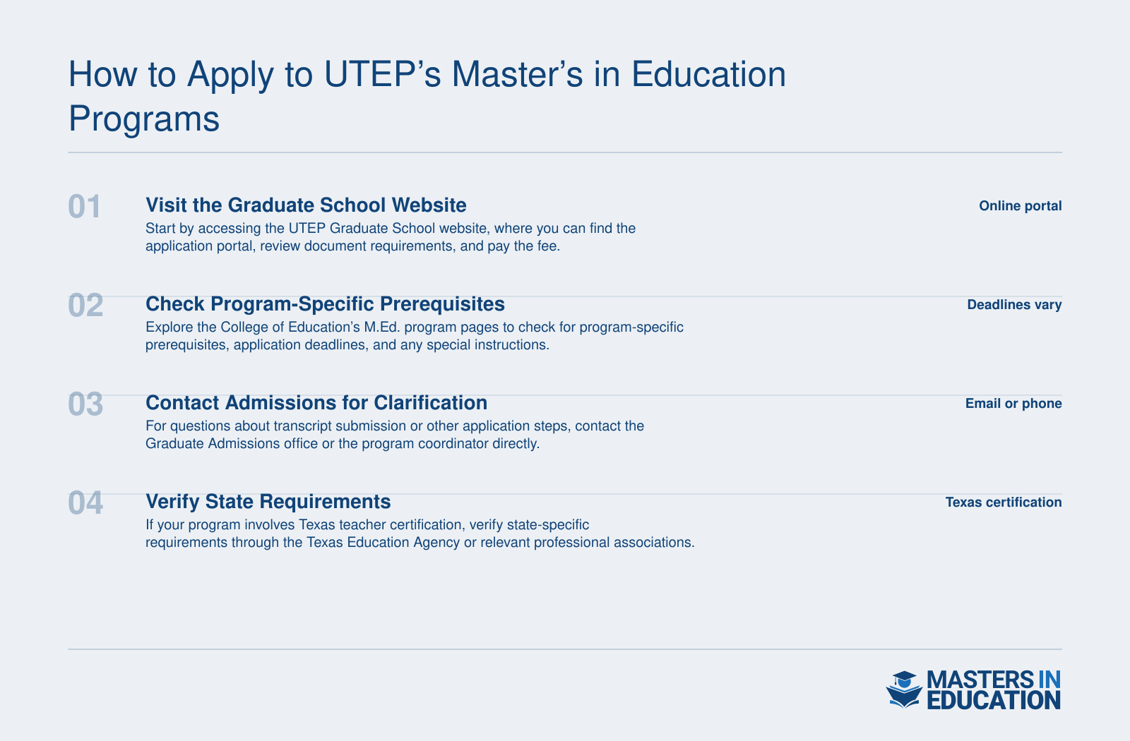 Step-by-step application process for UTEP’s Master’s in Education programs, including online portal, requirements, and deadlines.