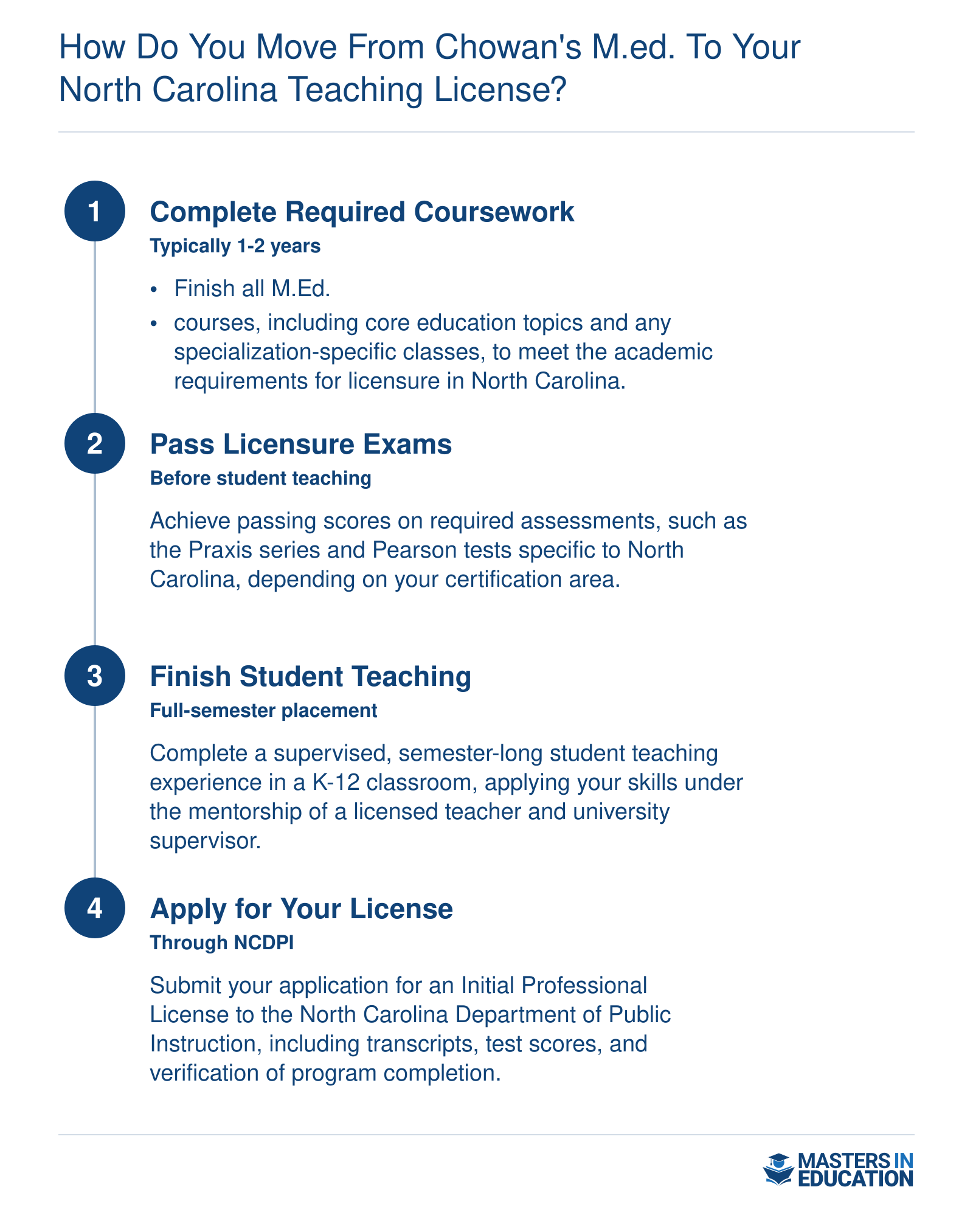 Four steps from starting Chowan's M.Ed. to obtaining a North Carolina initial teaching license: complete coursework, pass licensure exams, finish student teaching, and apply for the license.