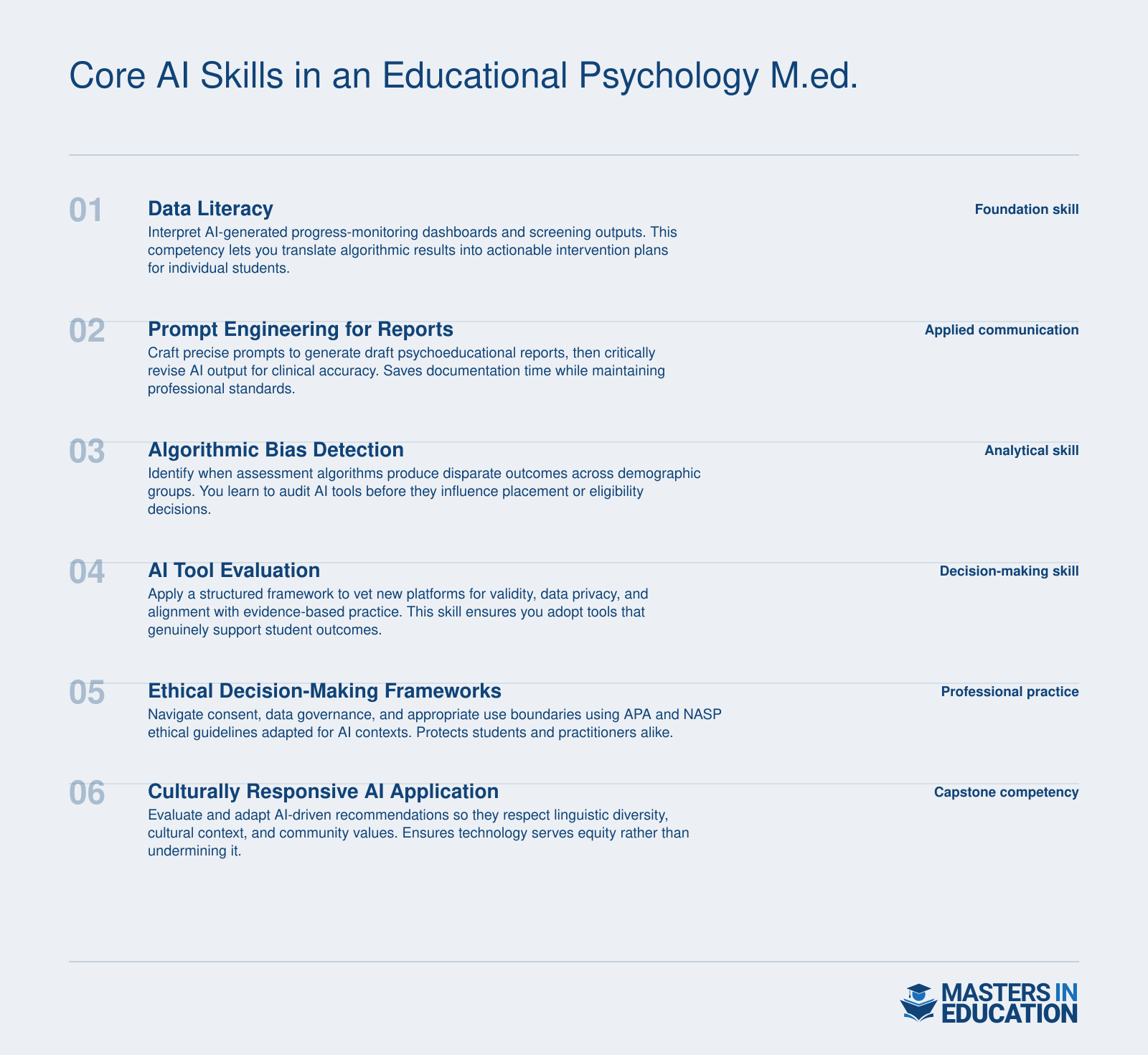 Six sequential AI competencies built in an educational psychology M.Ed., from data literacy through culturally responsive AI application