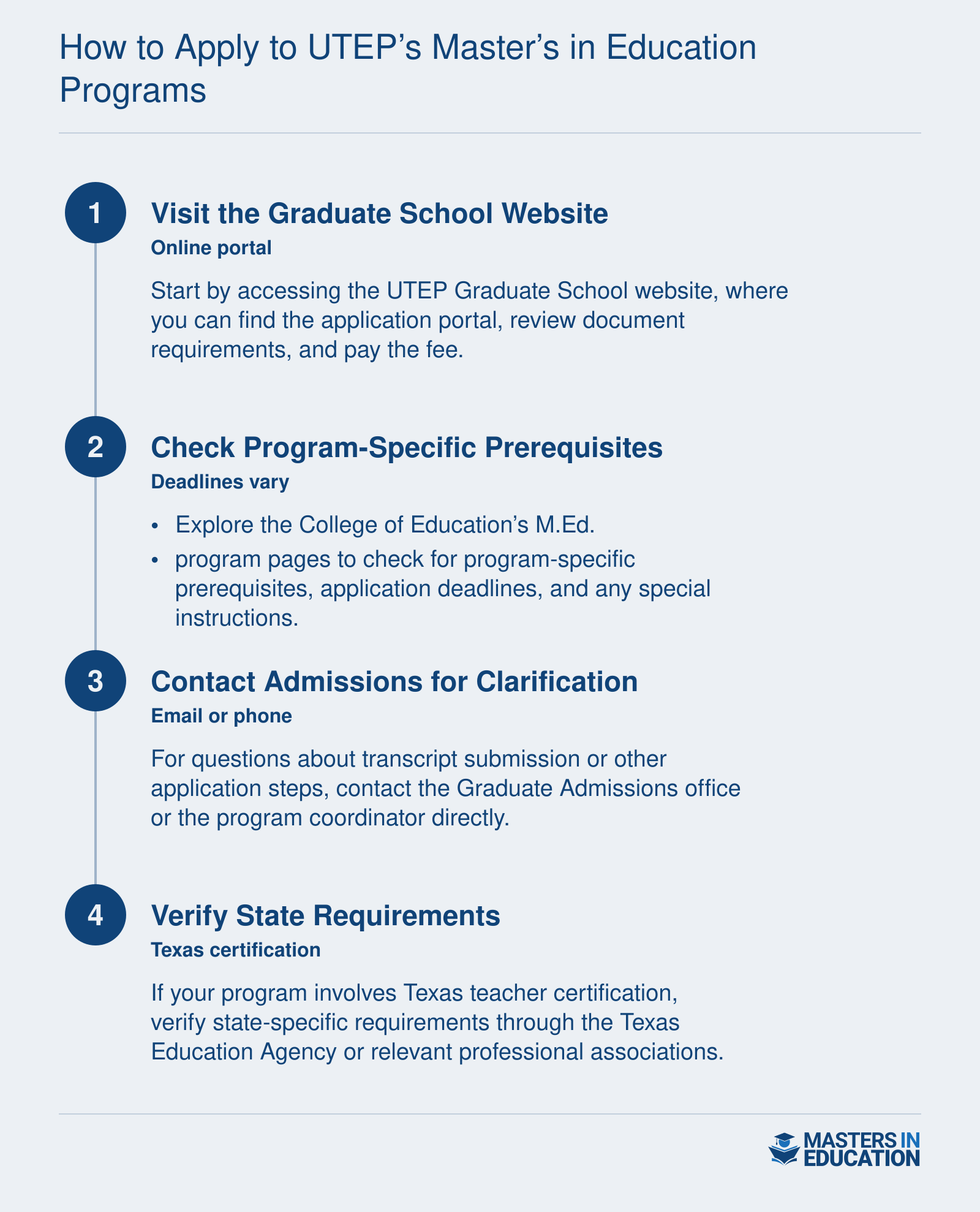 Step-by-step application process for UTEP’s Master’s in Education programs, including online portal, requirements, and deadlines.