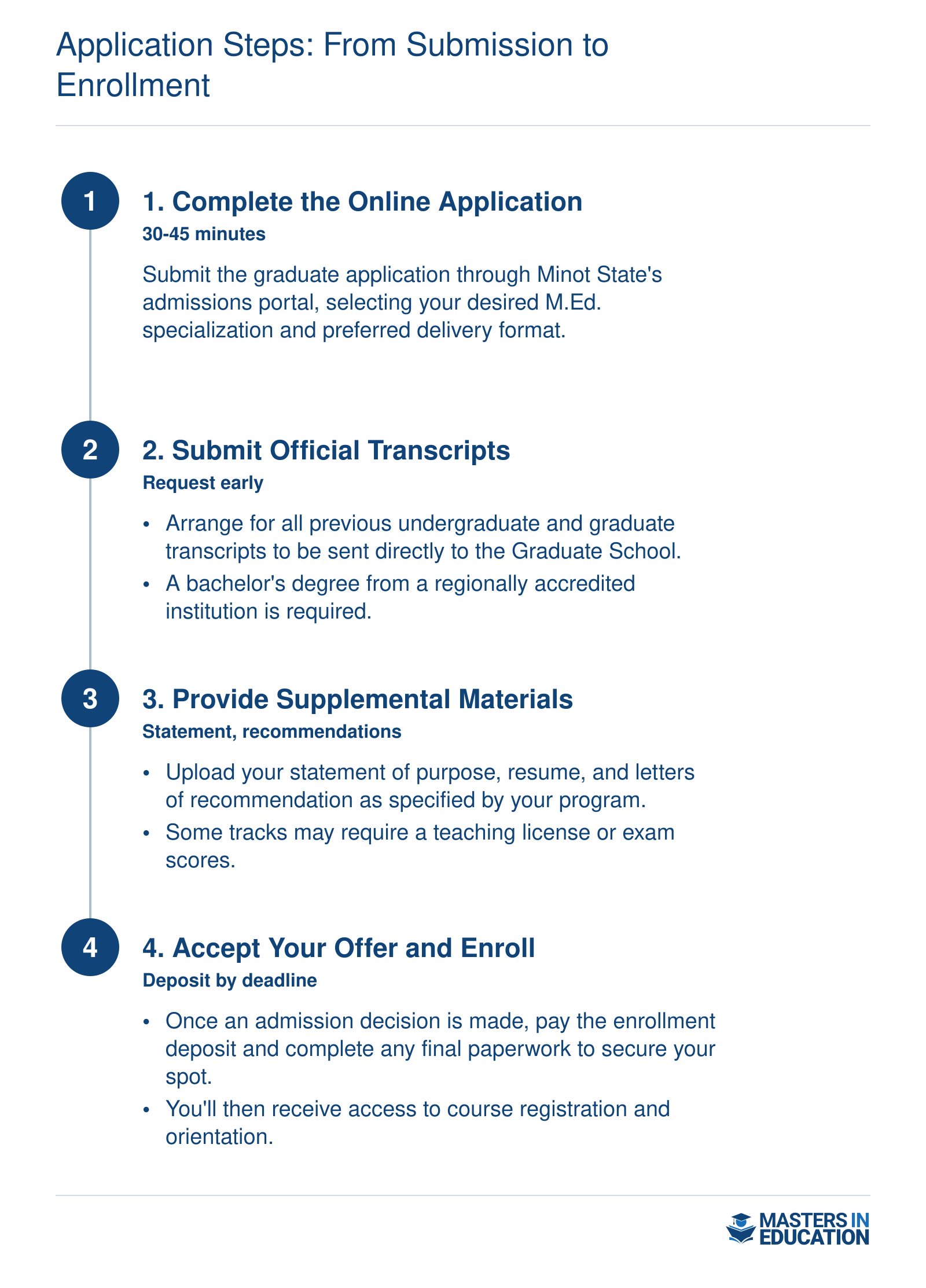 Sequence of steps for applying to Minot State University's Master's in Education programs, from online application to enrollment