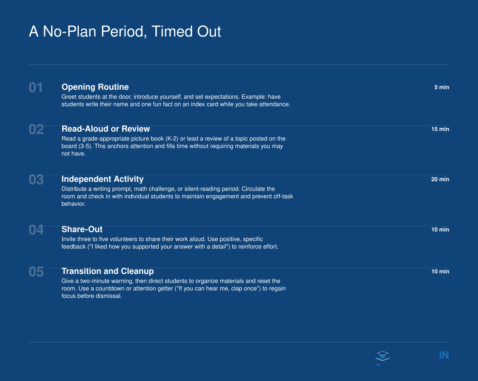 60-minute no-plan period divided into five timed segments from opening routine through cleanup for substitute teachers