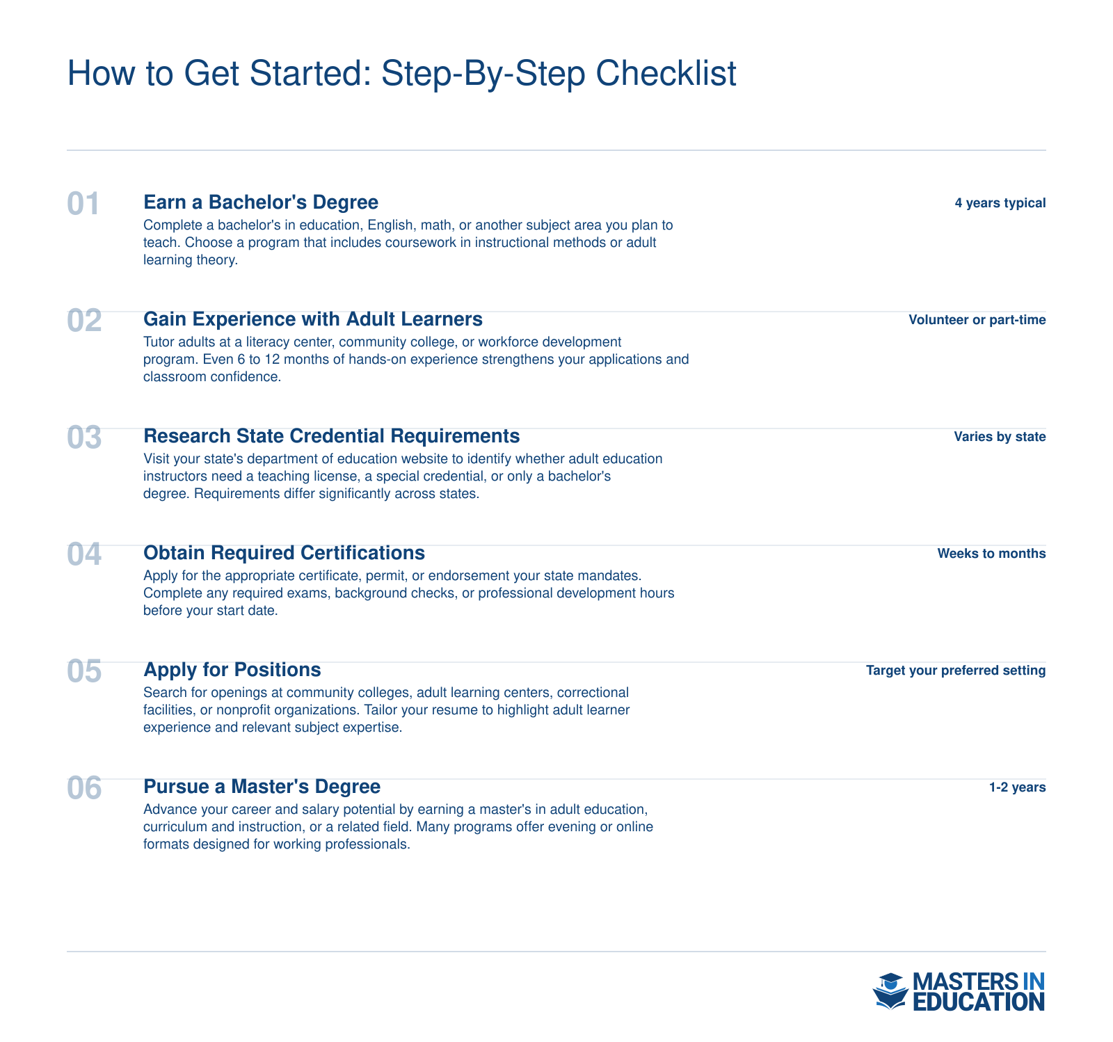 Six-step checklist to become an adult education instructor, from earning a bachelor's degree through pursuing a master's for career advancement