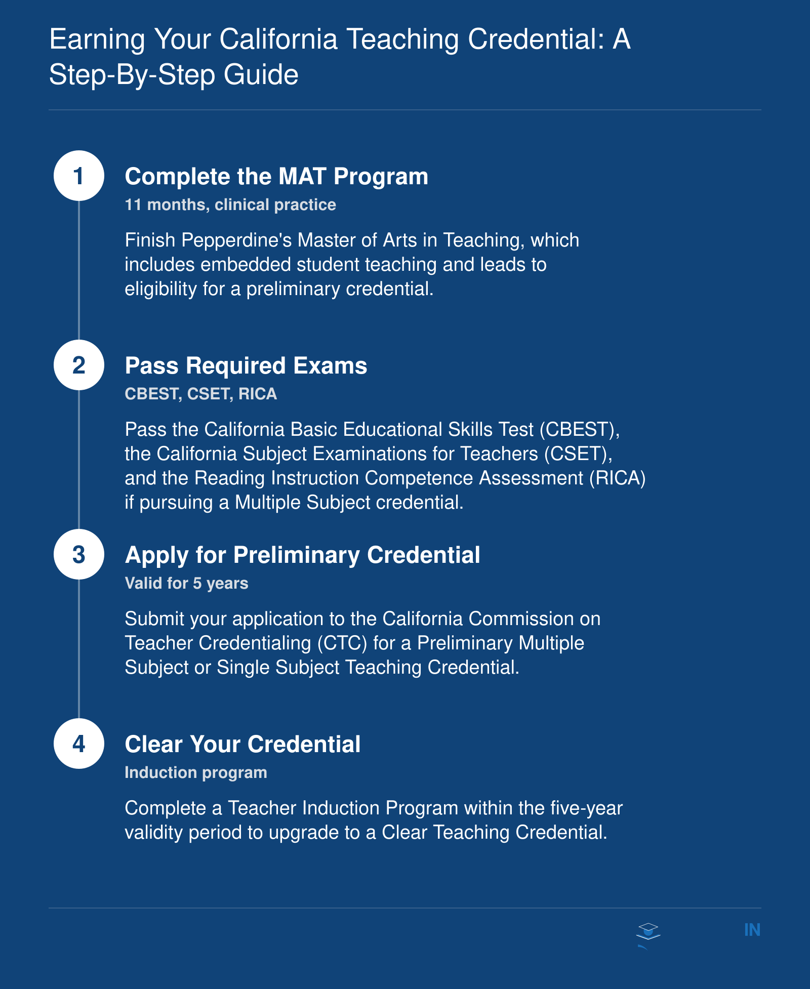 Step-by-step guide to earn a California teaching credential through Pepperdine's MAT program: complete the program, pass exams, apply for preliminary credential, and clear it through induction.